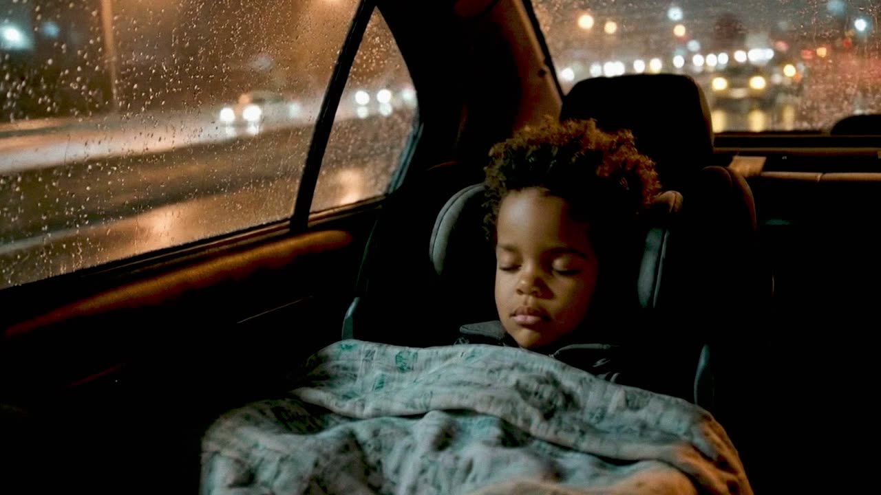 Cena do filme: criança dormindo no banco de trás do carro