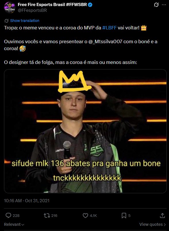 Tweet: o meme venceu e a coroa do MVP da LBFF vai voltar