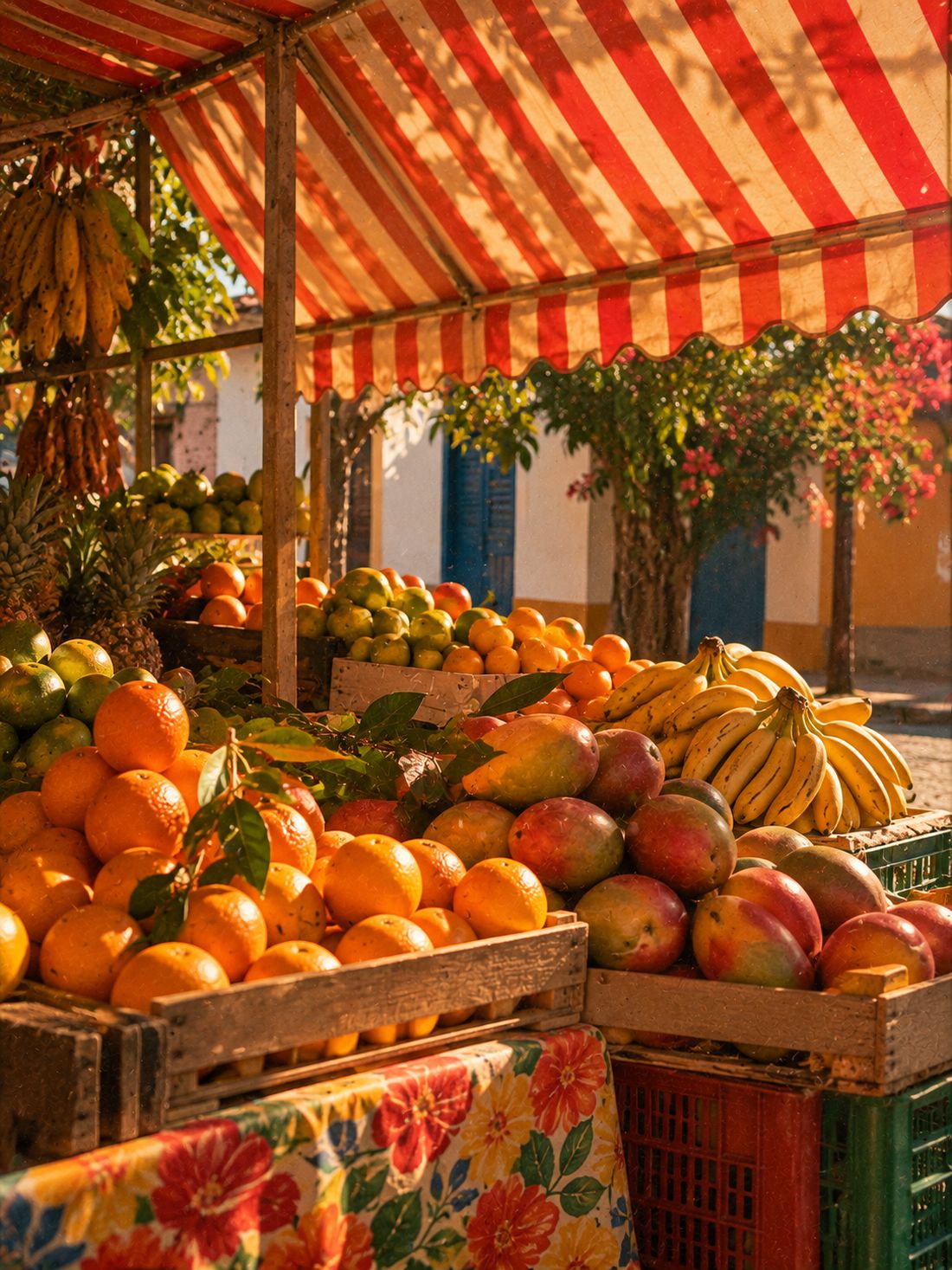 Banca de feira com toldo listrado, laranjas, mangas e bananas